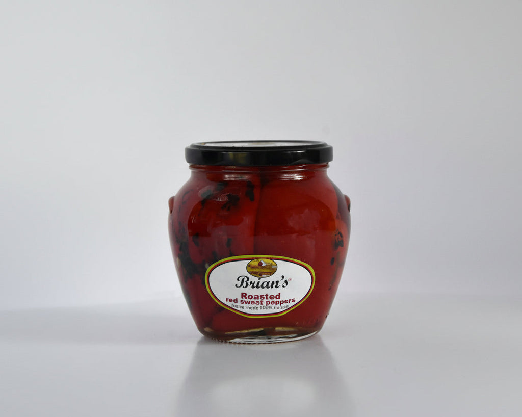 Jar of 'Brian's Roasted Red Sweet Peppers' on a white background